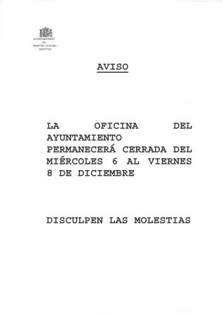 Imagen OFICINA DEL AYUNTAMIENTO CERRADA DÍAS 6, 7 Y 8 DE DICIEMBRE